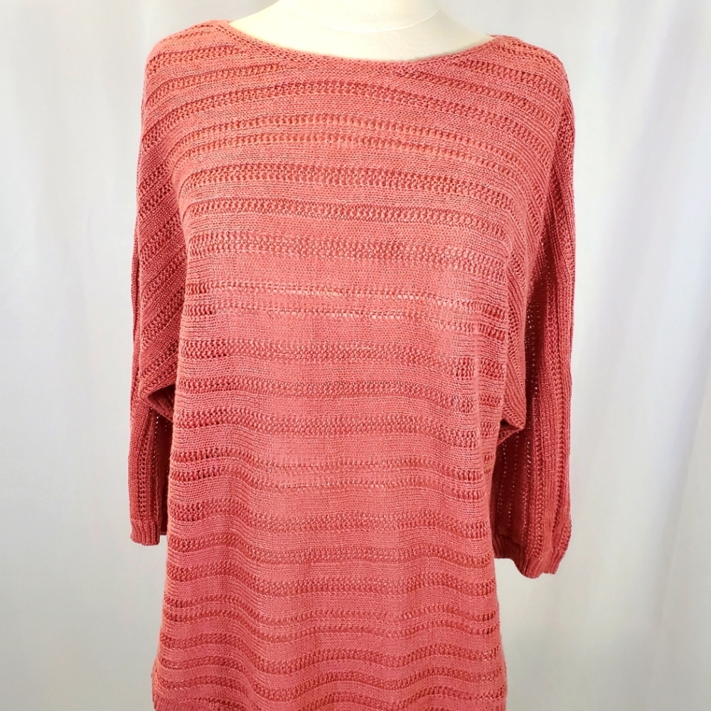Tahari Womens Open Knit Sweater Size M 100% Linen 3/4 Sleeve Pink Peach Pullover
